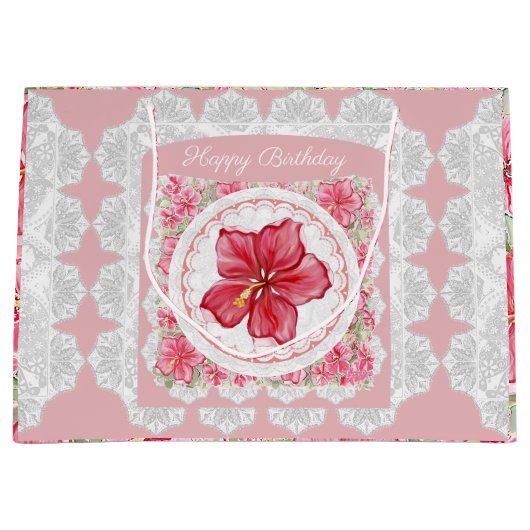 Hibiscus & kant ROOD Groot Cadeauzakje (Voorkant)