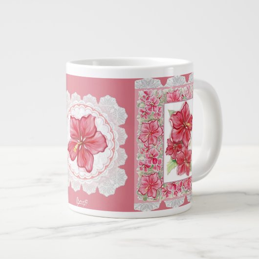 Hibiscus & kant ROOD Grote Koffiekop (Voorkant rechts)