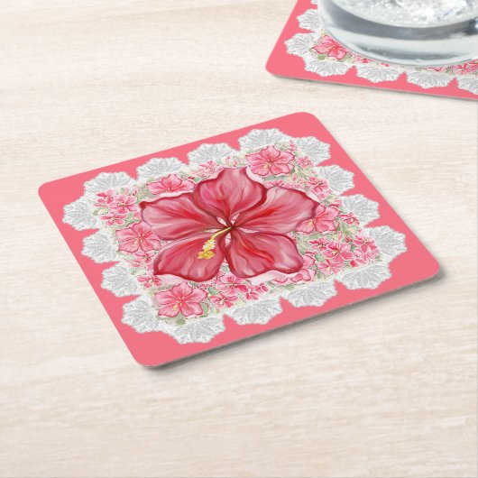 Hibiscus & kant ROOD Kartonnen Onderzetters (Schuin)