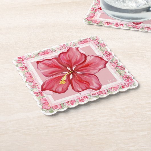 Hibiscus & kant ROOD Kartonnen Onderzetters (Gebogen)