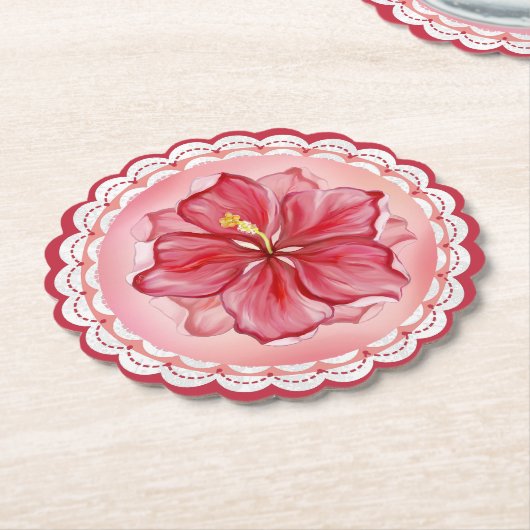 Hibiscus & kant ROOD Kartonnen Onderzetters (Gekanteld)