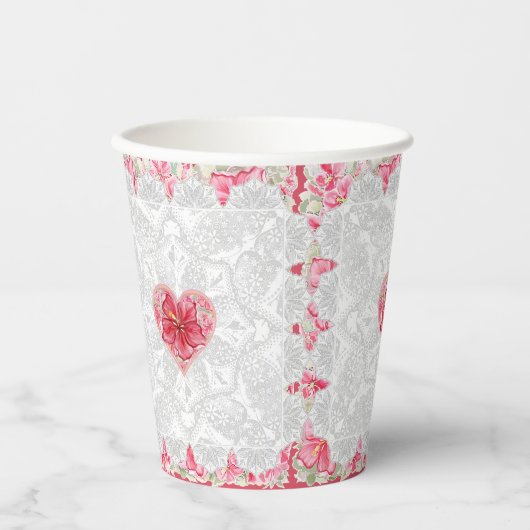 Hibiscus & kant ROOD Papieren Bekers (Voorkant)