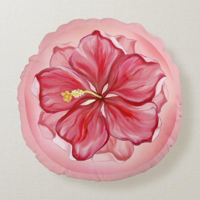 Hibiscus & kant ROOD Rond Kussen (Voorkant)