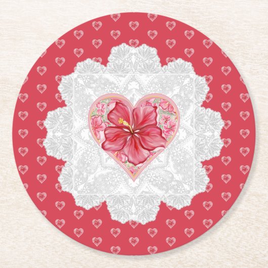 Hibiscus & kant ROOD Ronde Kartonnen Onderzetter (Voorkant)