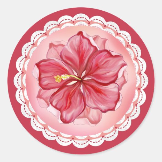 Hibiscus & kant ROOD Ronde Sticker (Voorkant)