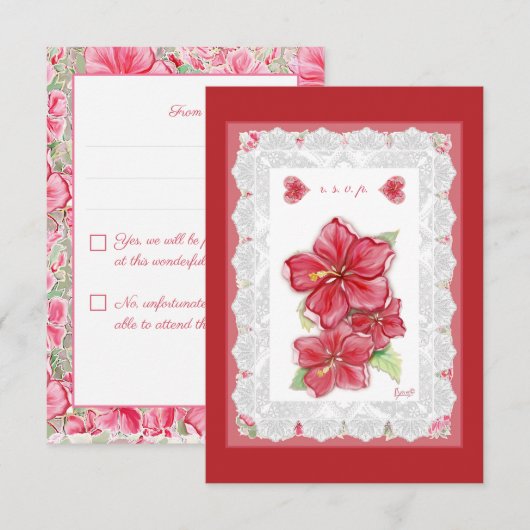 Hibiscus & kant ROOD RSVP Kaartje (Voorkant / Achterkant)