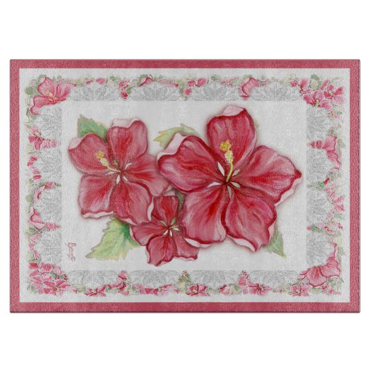 Hibiscus & kant ROOD Snijplank (Voorkant)