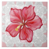 Hibiscus & kant ROOD Tegeltje (Voorkant)