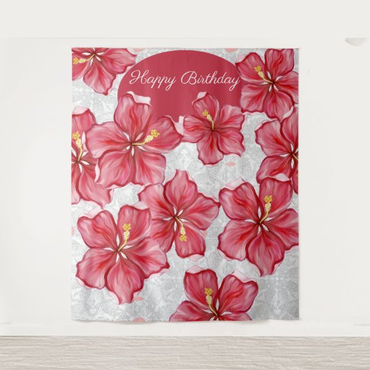 Hibiscus & kant ROOD Wandkleed (Voorkant)