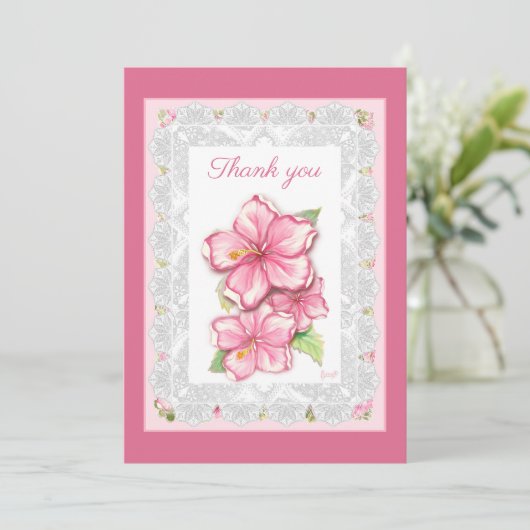 Hibiscus & kant ROZE Bedankkaart (Staand voorkant)