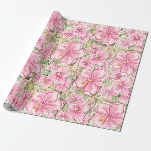 Hibiscus & kant ROZE Cadeaupapier (Uitgerold)