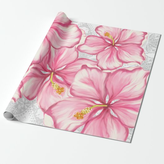 Hibiscus & kant ROZE Cadeaupapier (Uitgerold)