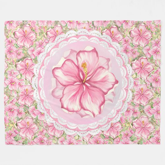 Hibiscus & kant ROZE Fleece Deken (Voorkant (Horizontaal))