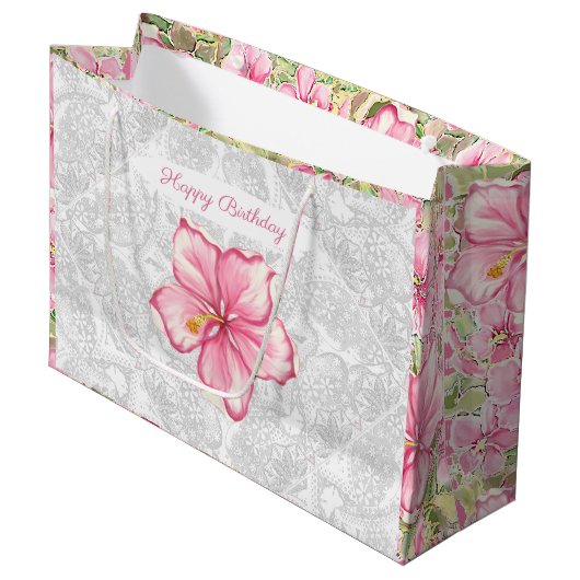Hibiscus & kant ROZE Groot Cadeauzakje (Voorkant Gekanteld)