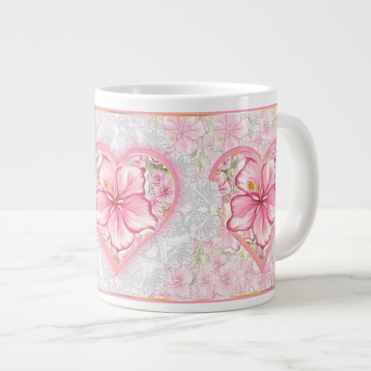 Hibiscus & kant ROZE Grote Koffiekop (Voorkant rechts)