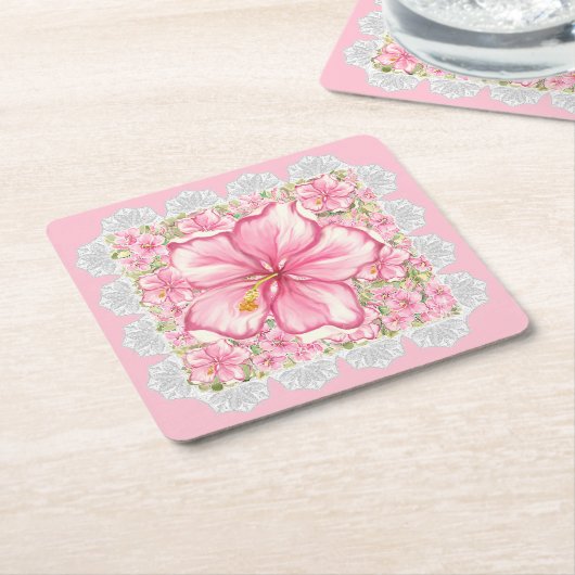 Hibiscus & kant ROZE Kartonnen Onderzetters (Schuin)