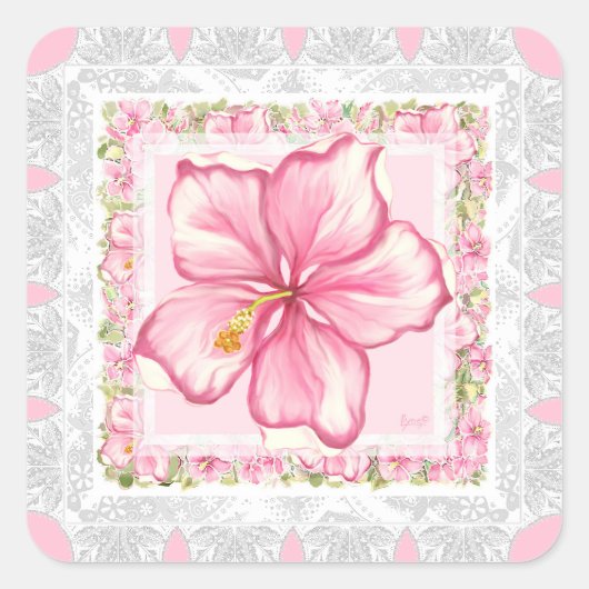 Hibiscus & kant ROZE Vierkante Sticker (Voorkant)
