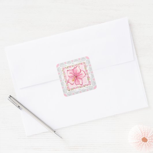 Hibiscus & kant ROZE Vierkante Sticker (Envelop)