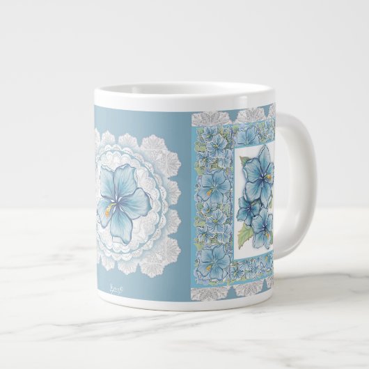 Hibiscus & kant TURQUOISE Grote Koffiekop (Voorkant rechts)