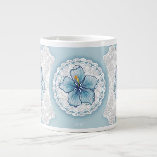 Hibiscus & kant TURQUOISE Grote Koffiekop (Voorkant)