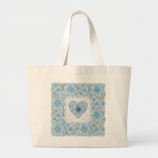 Hibiscus & kant TURQUOISE Grote Tote Bag (Voorkant)