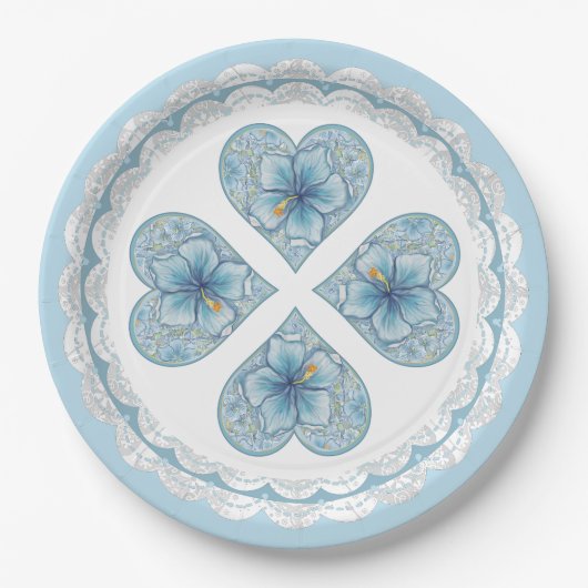Hibiscus & kant TURQUOISE Papieren Bordje (Voorkant)