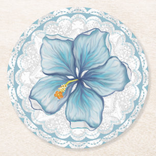Hibiscus & kant TURQUOISE Ronde Kartonnen Onderzetter
