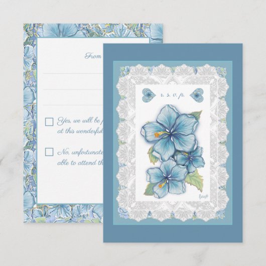 Hibiscus & kant TURQUOISE RSVP Kaartje (Voorkant / Achterkant)