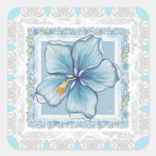 Hibiscus & kant TURQUOISE Vierkante Sticker (Voorkant)