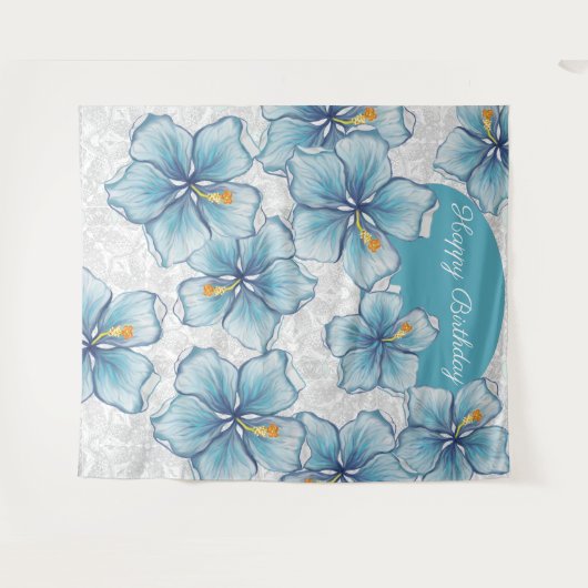 Hibiscus & kant TURQUOISE Wandkleed (Voorkant (horizontaal))