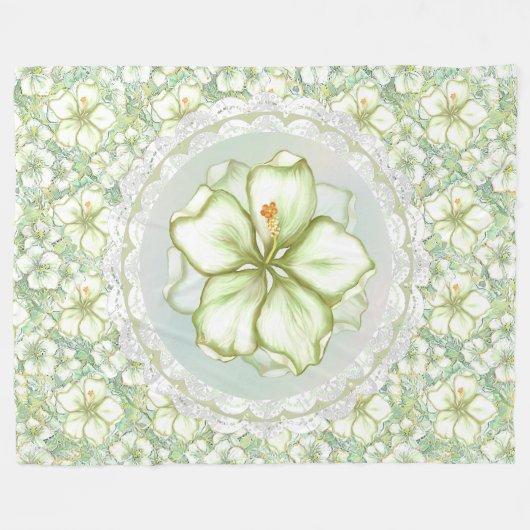 Hibiscus & kant WIT Fleece Deken (Voorkant (Horizontaal))