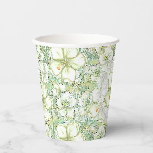 Hibiscus & kant WIT Papieren Bekers (Voorkant)