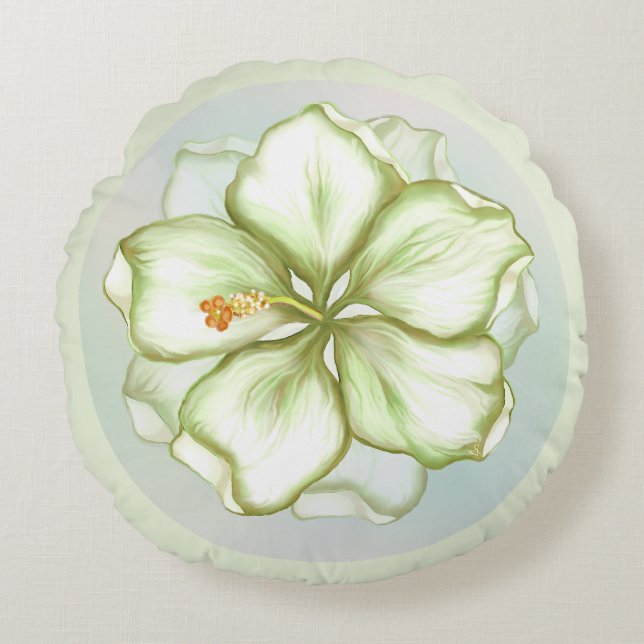 Hibiscus & kant WIT Rond Kussen (Voorkant)