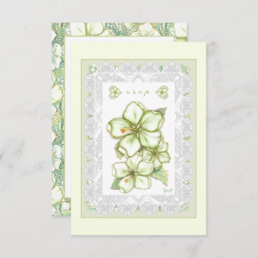 Hibiscus & kant WIT RSVP Kaartje (Voorkant / Achterkant)