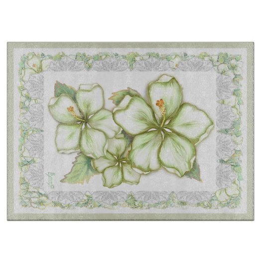 Hibiscus & kant WIT Snijplank (Voorkant)