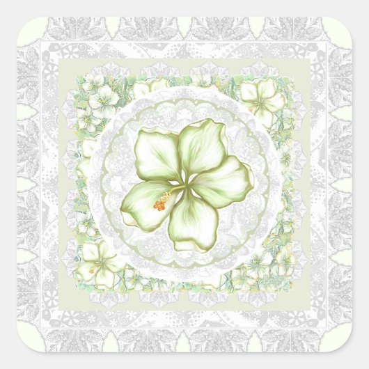 Hibiscus & kant WIT Vierkante Sticker (Voorkant)