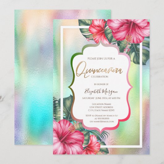 Hibiscus Lijst Holographic Quinceanera Kaart (Voorkant / Achterkant)