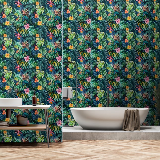 Hibiscus Monstera-Oerwoud Behang (Badkamer)