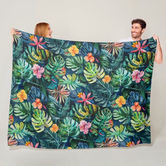 Hibiscus Monstera-Oerwoud Fleece Deken (In situ)