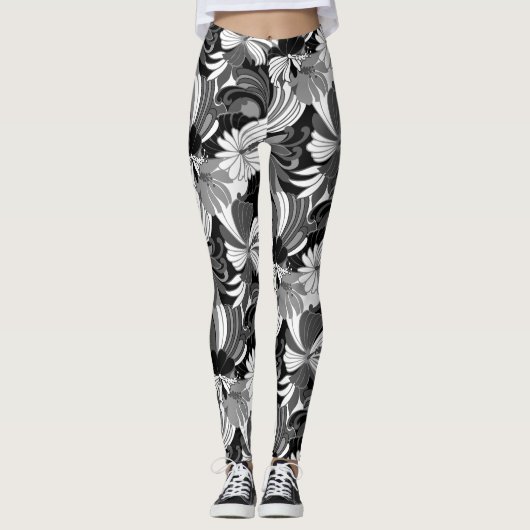 Hibiscus Oerwoud Hawaiian Tropical Floral Black Leggings (Voorkant)