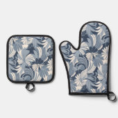 Hibiscus Oerwoud Hawaiian Tropical Floral Denim Ovenwant & Pannenlap Set (Voorkant)