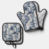 Hibiscus Oerwoud Hawaiian Tropical Floral Denim Ovenwant & Pannenlap Set (Voorkant / Achterkant)