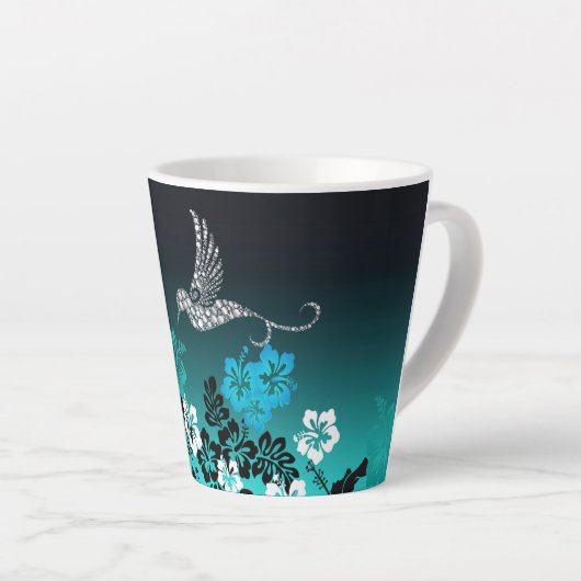 Hibiscus op Turquoise met Hummingbird Latte Mok (Rechterhoek)
