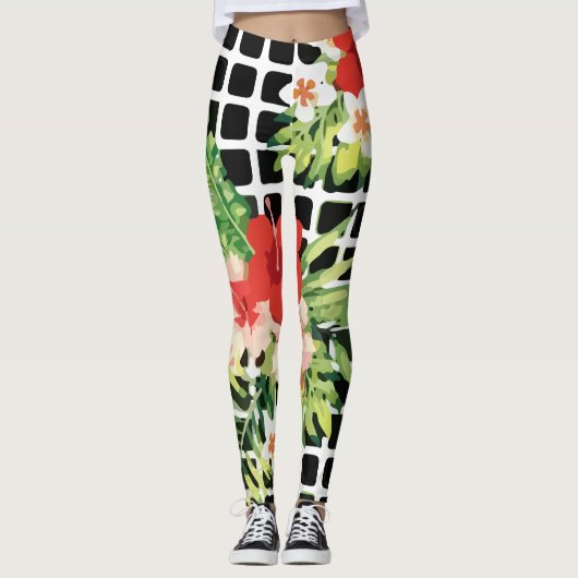 Hibiscus Palm Leaves Tropical Pattern Leggings (Voorkant)