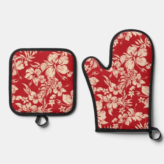 Hibiscus pareau gedistressed Hawaiian Red Ovenwant & Pannenlap Set (Voorkant)