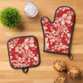 Hibiscus pareau gedistressed Hawaiian Red Ovenwant & Pannenlap Set (Top down)