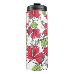 hibiscus pattern with tropical leaves and flowers thermosbeker