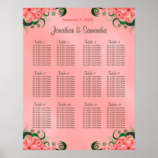 Hibiscus Pink DIY 12 Tables Wedding Seating Chart Poster (Voorkant)