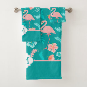 Hibiscus Pink Flamingo Tropical Monogram Bad Handdoek