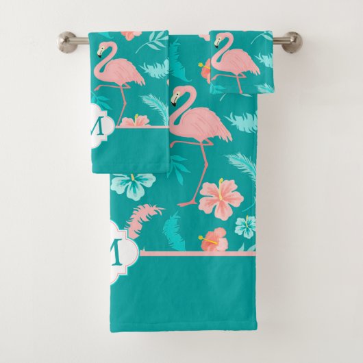 Hibiscus Pink Flamingo Tropical Monogram Bad Handdoek (Insitu)